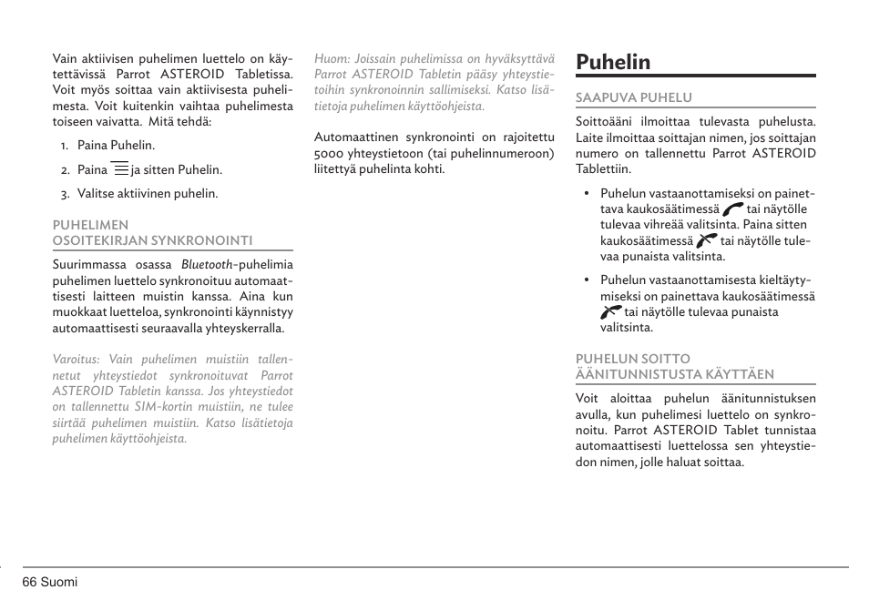 Puhelin | Parrot ASTEROID Tablet User Manual | Page 66 / 152