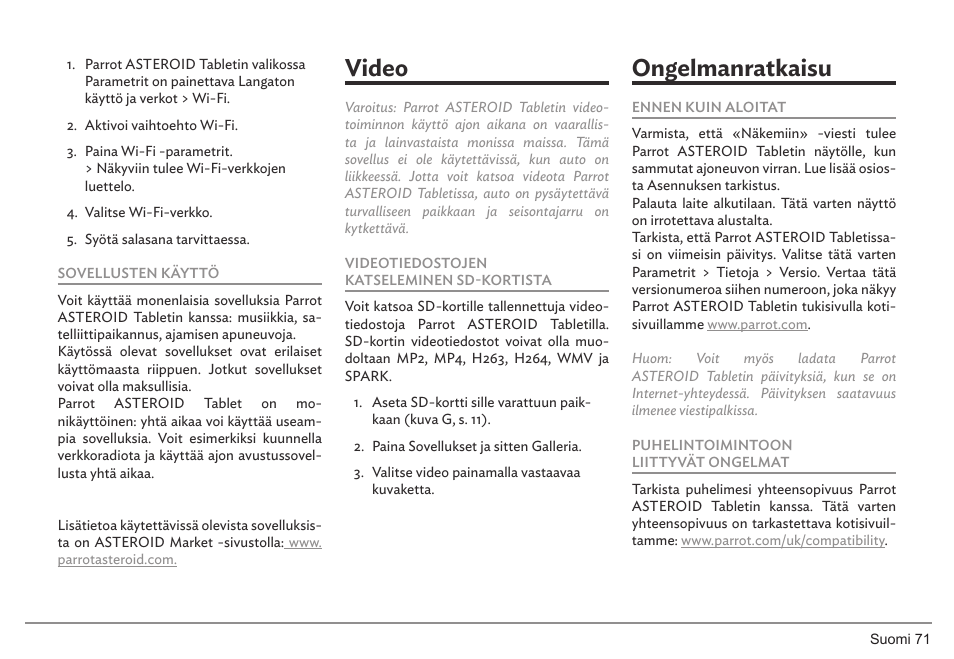 Video, Ongelmanratkaisu | Parrot ASTEROID Tablet User Manual | Page 71 / 152