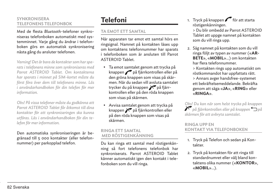 Telefoni | Parrot ASTEROID Tablet User Manual | Page 82 / 152