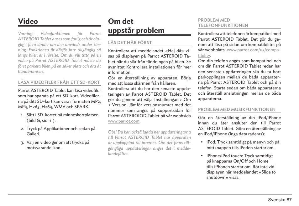 Video, Om det uppstår problem | Parrot ASTEROID Tablet User Manual | Page 87 / 152