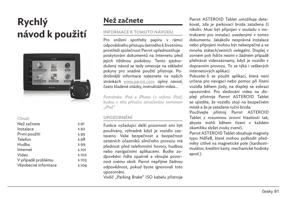 Rychlý návod k použití, Než začnete | Parrot ASTEROID Tablet User Manual | Page 91 / 152
