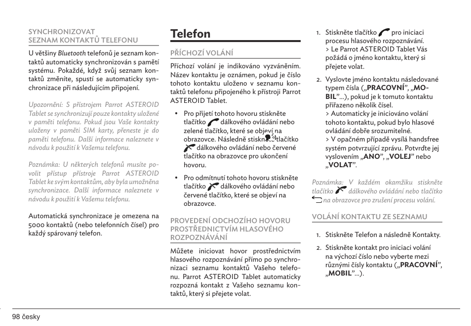 Telefon | Parrot ASTEROID Tablet User Manual | Page 98 / 152