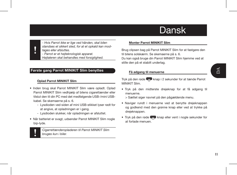 Dansk | Parrot MINIKIT Slim User Manual | Page 11 / 48