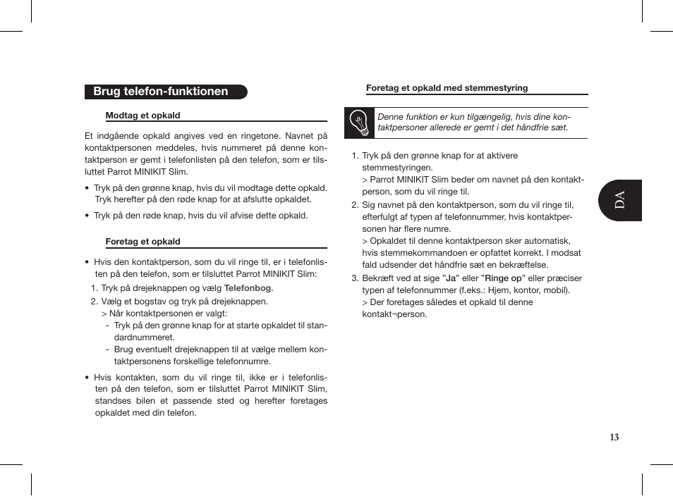 Brug telefon-funktionen | Parrot MINIKIT Slim User Manual | Page 13 / 48