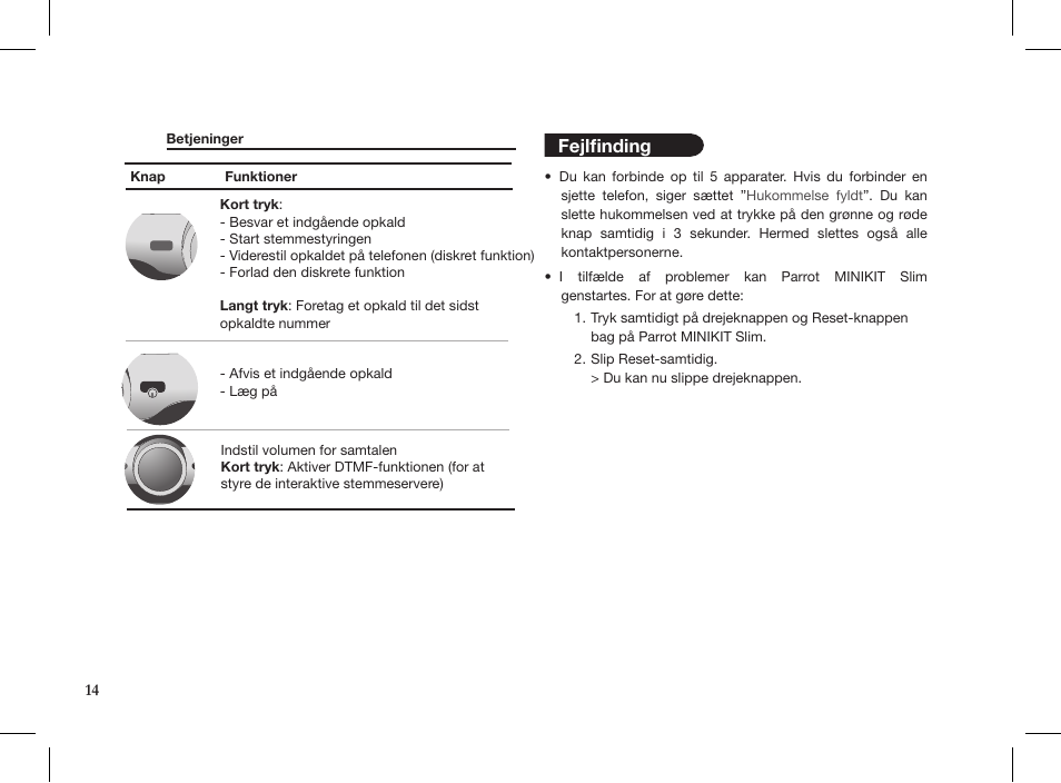 Fejlfinding | Parrot MINIKIT Slim User Manual | Page 14 / 48