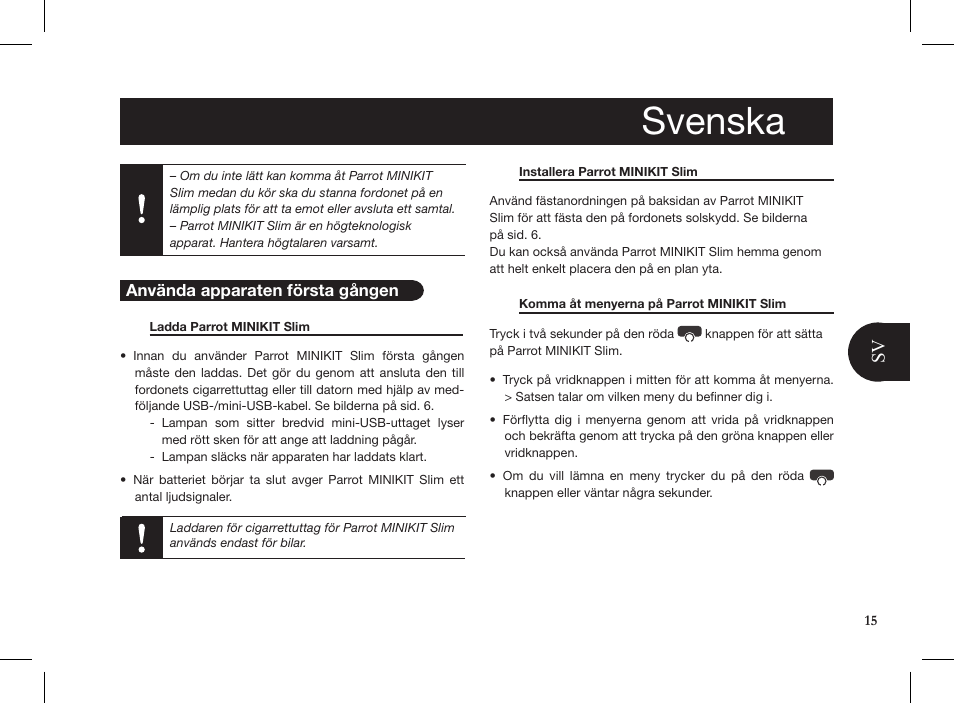 Svenska | Parrot MINIKIT Slim User Manual | Page 15 / 48