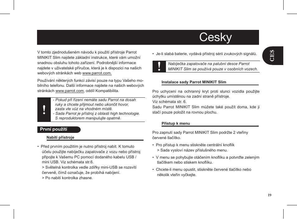 Cesky | Parrot MINIKIT Slim User Manual | Page 19 / 48