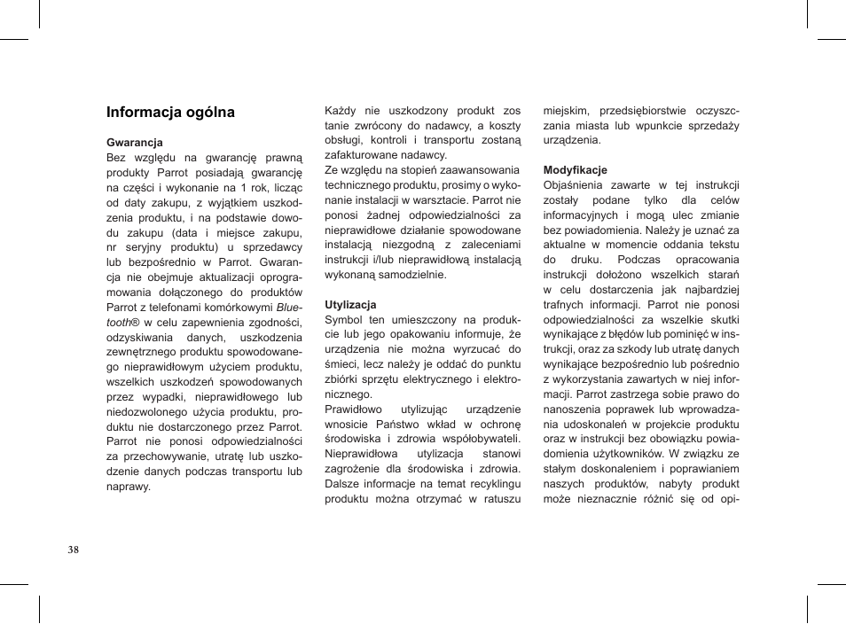 Informacja ogólna | Parrot MINIKIT Slim User Manual | Page 38 / 48