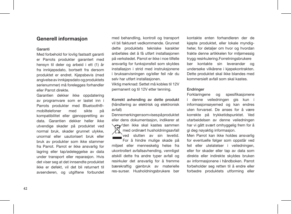 Generell informasjon | Parrot MINIKIT Slim User Manual | Page 42 / 48