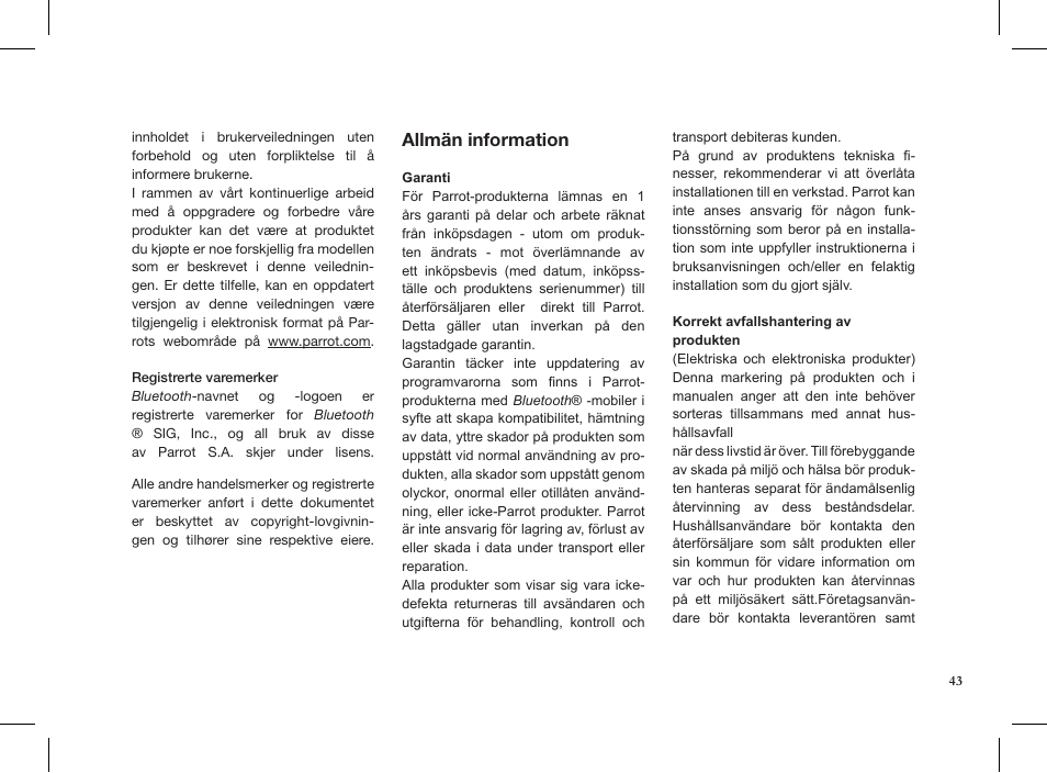 Allmän information | Parrot MINIKIT Slim User Manual | Page 43 / 48