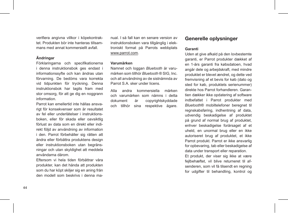 Generelle oplysninger | Parrot MINIKIT Slim User Manual | Page 44 / 48