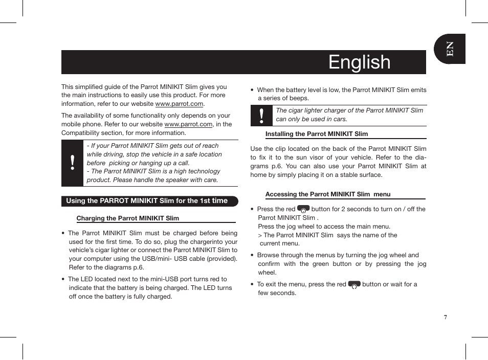 English | Parrot MINIKIT Slim User Manual | Page 7 / 48