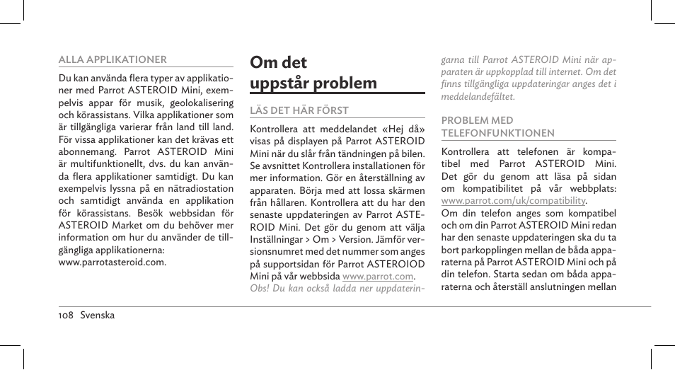 Om det uppstår problem | Parrot ASTEROID Mini User Manual | Page 108 / 196