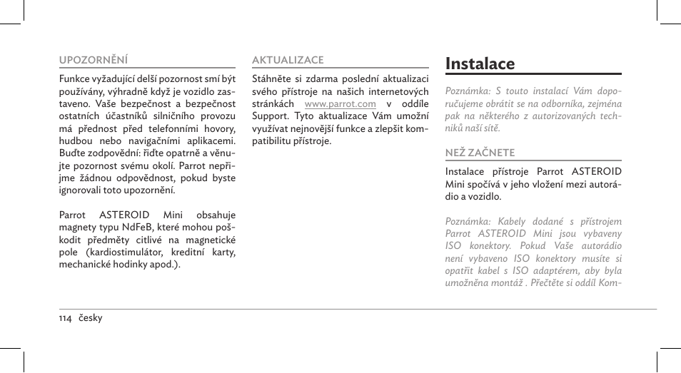 Instalace | Parrot ASTEROID Mini User Manual | Page 114 / 196