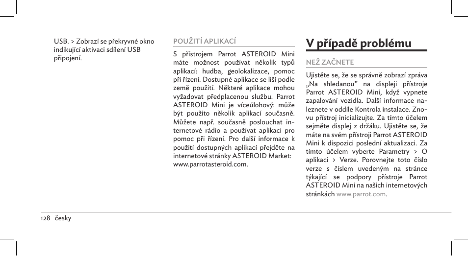 V případě problému | Parrot ASTEROID Mini User Manual | Page 128 / 196