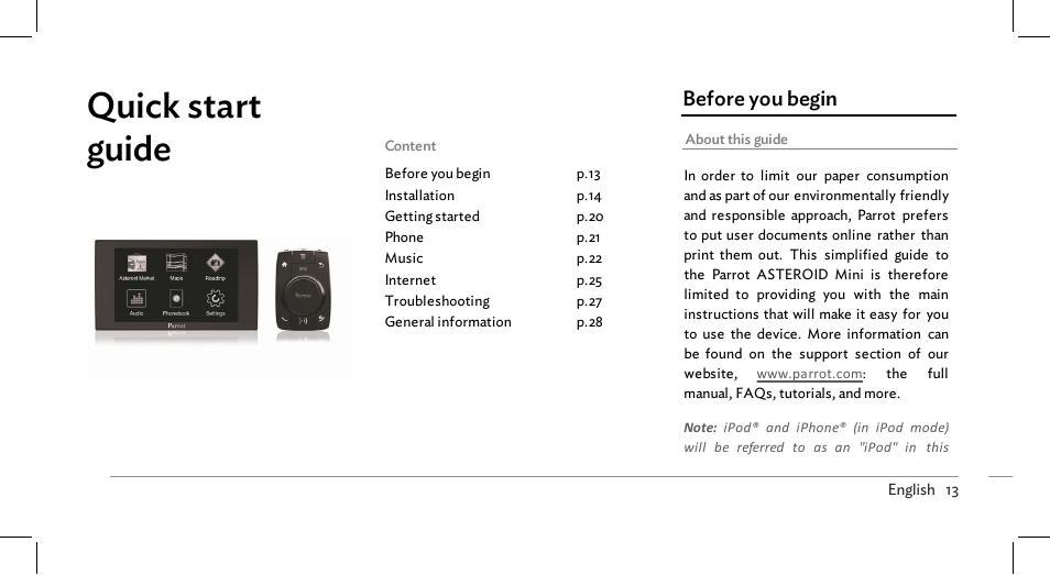 Quick start guide | Parrot ASTEROID Mini User Manual | Page 13 / 196