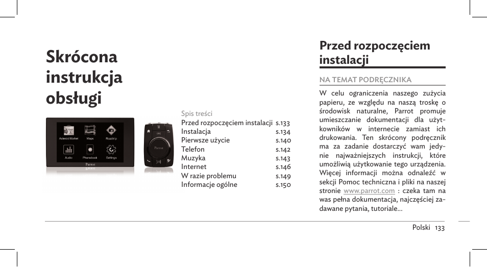 Skrócona instrukcja obsługi, Przed rozpoczęciem instalacji | Parrot ASTEROID Mini User Manual | Page 133 / 196