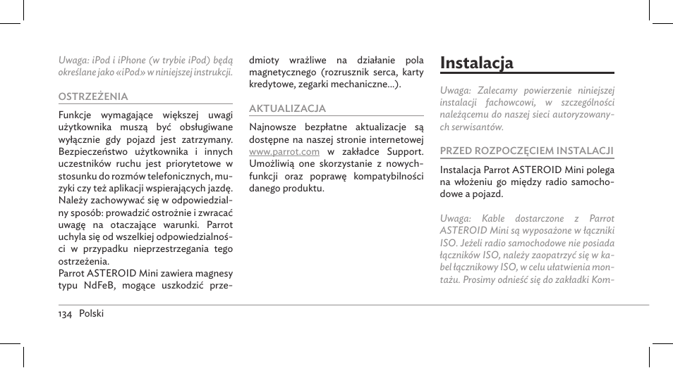 Instalacja | Parrot ASTEROID Mini User Manual | Page 134 / 196