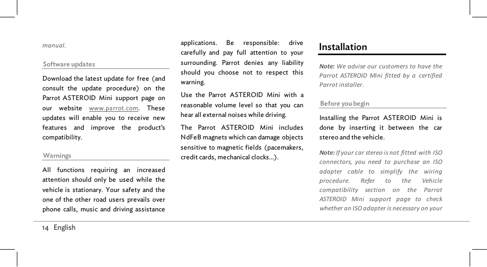 Installation | Parrot ASTEROID Mini User Manual | Page 14 / 196