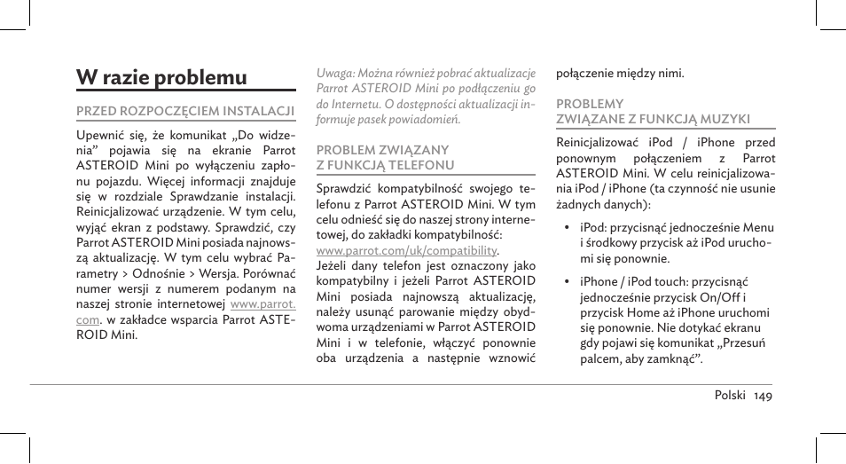 W razie problemu | Parrot ASTEROID Mini User Manual | Page 149 / 196