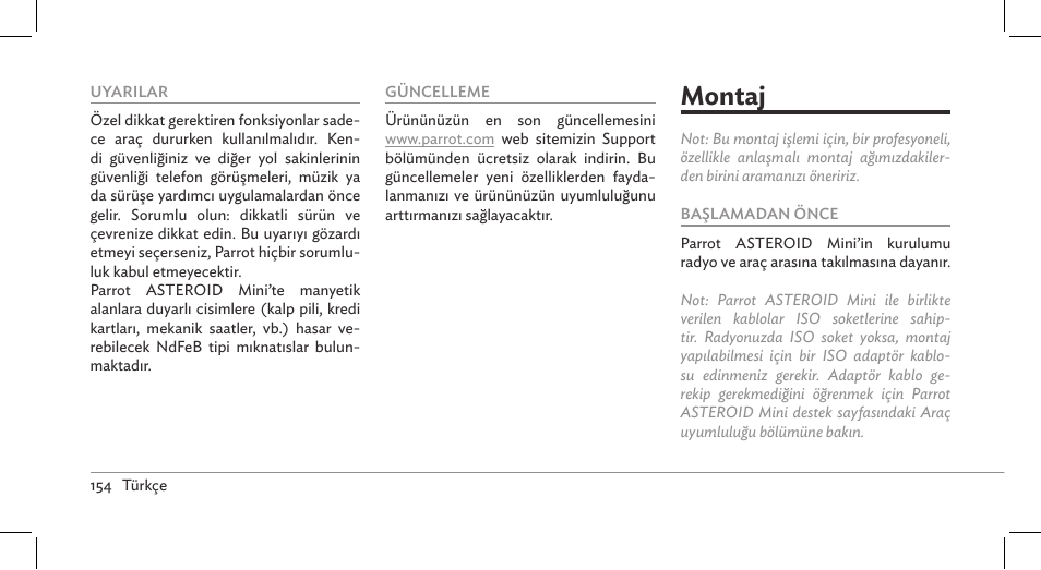 Montaj | Parrot ASTEROID Mini User Manual | Page 154 / 196