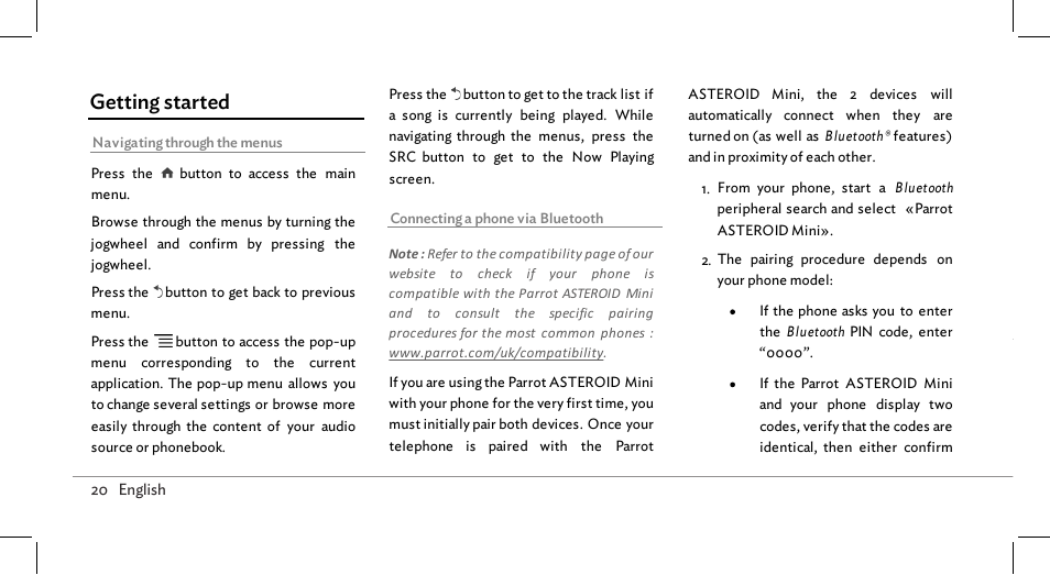 Getting started, Phone | Parrot ASTEROID Mini User Manual | Page 20 / 196