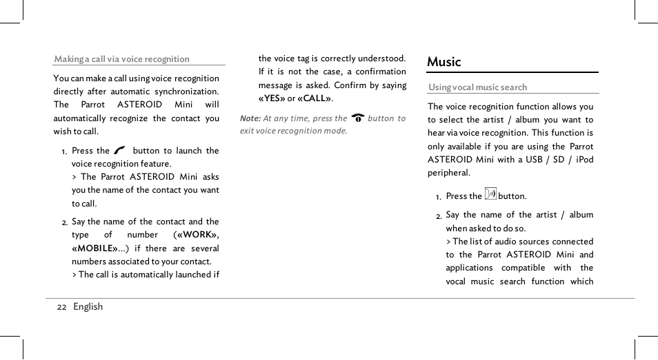 Music | Parrot ASTEROID Mini User Manual | Page 22 / 196