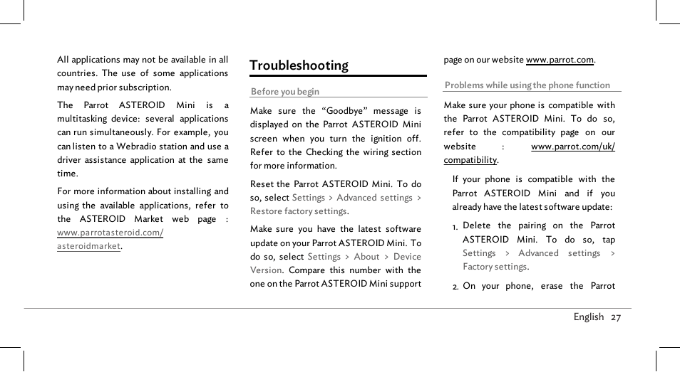Troubleshooting | Parrot ASTEROID Mini User Manual | Page 27 / 196