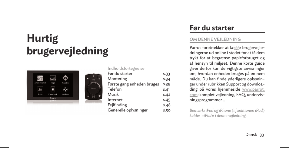 Hurtig brugervejledning, Før du starter | Parrot ASTEROID Mini User Manual | Page 33 / 196