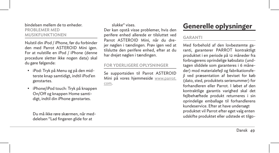 Generelle oplysninger | Parrot ASTEROID Mini User Manual | Page 49 / 196