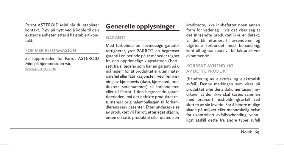 Generelle opplysninger | Parrot ASTEROID Mini User Manual | Page 69 / 196
