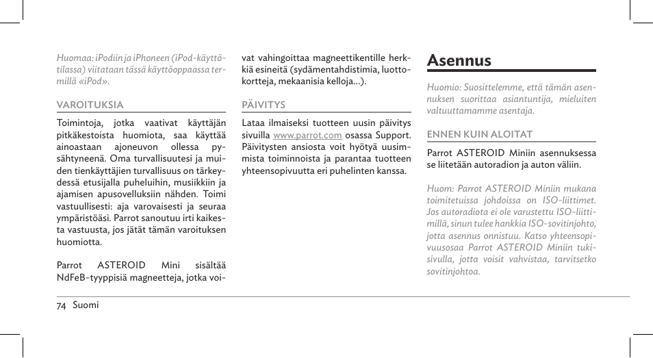 Asennus | Parrot ASTEROID Mini User Manual | Page 74 / 196