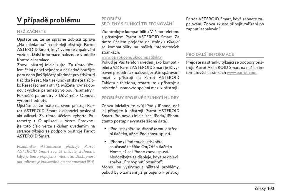 V případě problému | Parrot ASTEROID Smart User Manual | Page 103 / 152