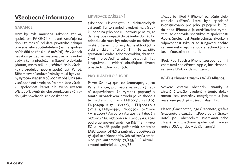 Všeobecné informace | Parrot ASTEROID Smart User Manual | Page 104 / 152