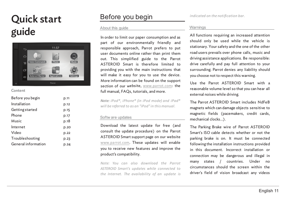 Quick start guide, Before you begin | Parrot ASTEROID Smart User Manual | Page 11 / 152