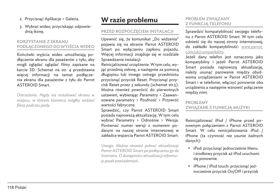 W razie problemu | Parrot ASTEROID Smart User Manual | Page 118 / 152