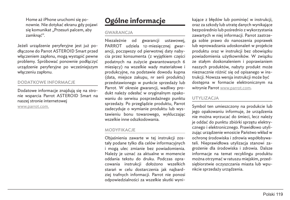 Ogólne informacje | Parrot ASTEROID Smart User Manual | Page 119 / 152