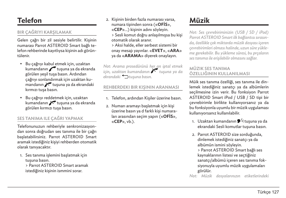 Telefon, Müzik | Parrot ASTEROID Smart User Manual | Page 127 / 152