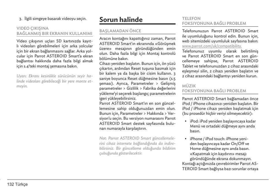 Sorun halinde | Parrot ASTEROID Smart User Manual | Page 132 / 152