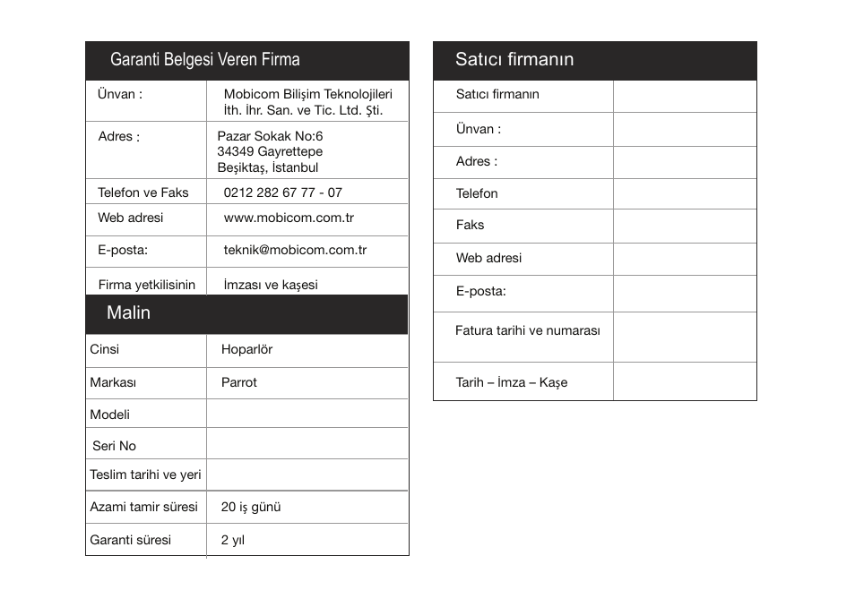 Garanti belgesi veren firma, Malin, Satıcı firmanın | Parrot ASTEROID Smart User Manual | Page 150 / 152