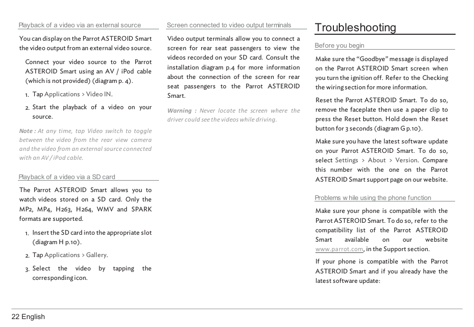 Troubleshooting | Parrot ASTEROID Smart User Manual | Page 22 / 152