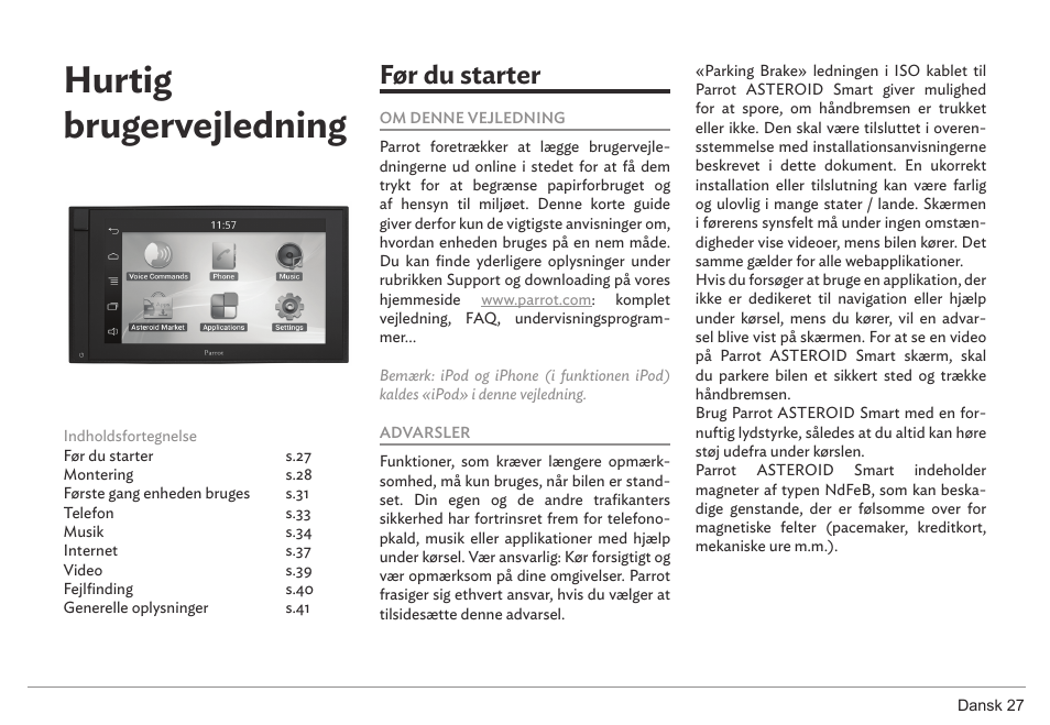 Hurtig brugervejledning, Før du starter | Parrot ASTEROID Smart User Manual | Page 27 / 152