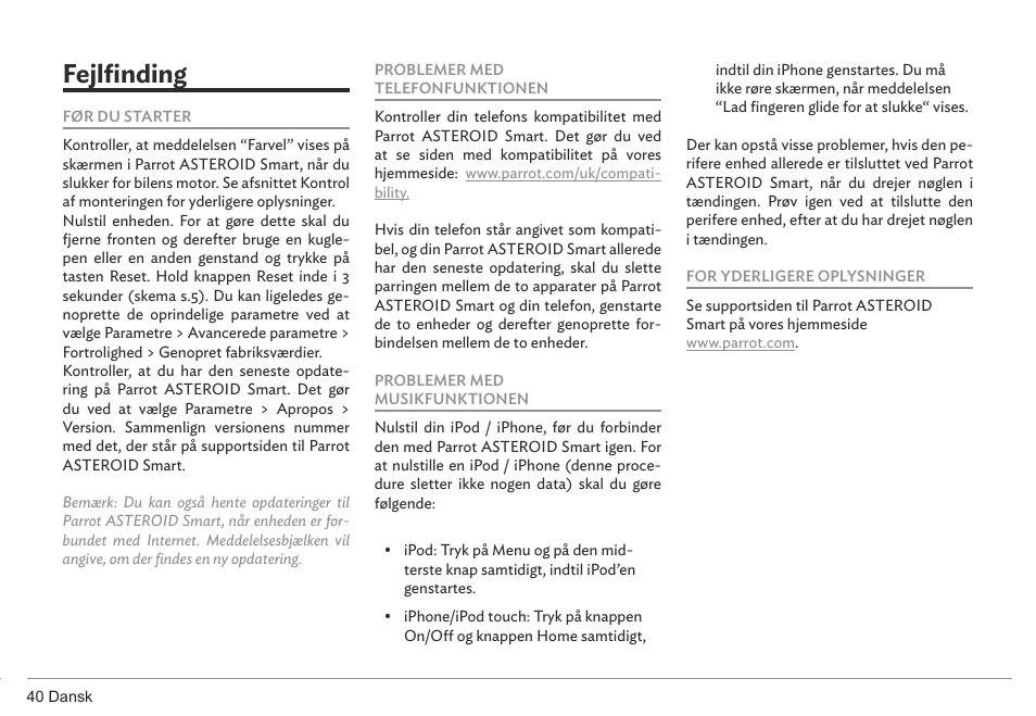 Fejlfinding | Parrot ASTEROID Smart User Manual | Page 40 / 152