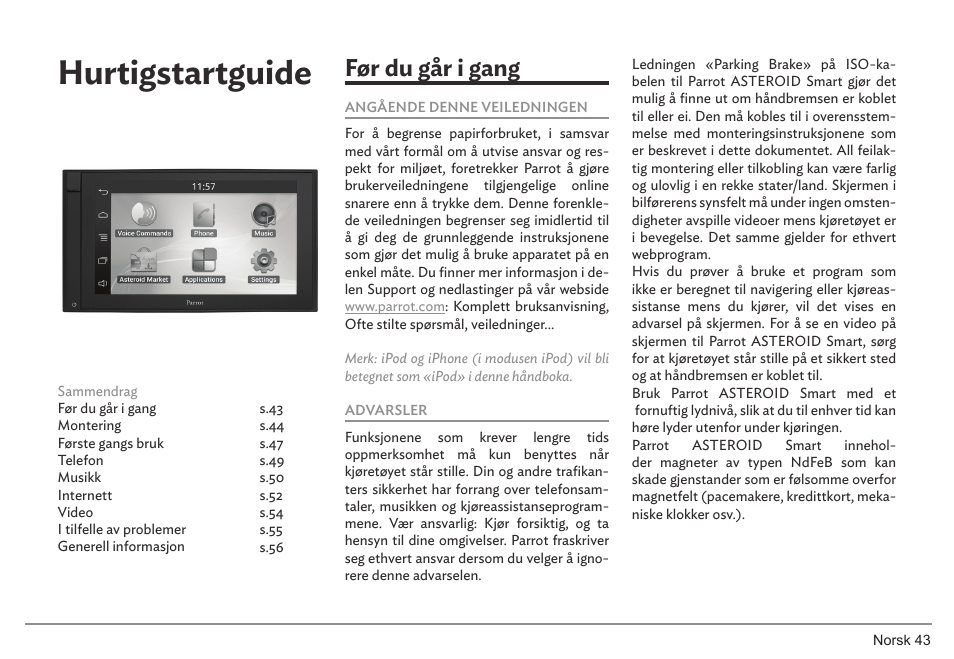 Hurtigstartguide, Før du går i gang | Parrot ASTEROID Smart User Manual | Page 43 / 152