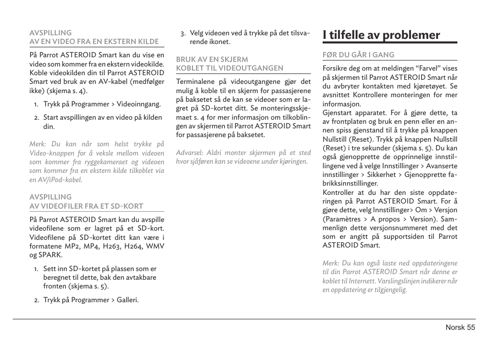 I tilfelle av problemer | Parrot ASTEROID Smart User Manual | Page 55 / 152