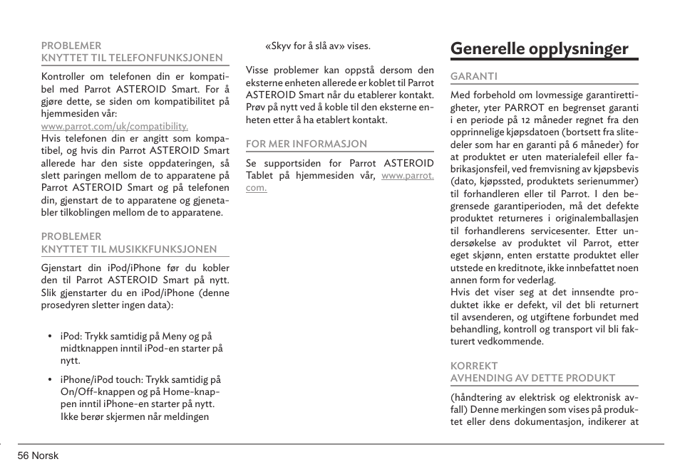 Generelle opplysninger | Parrot ASTEROID Smart User Manual | Page 56 / 152