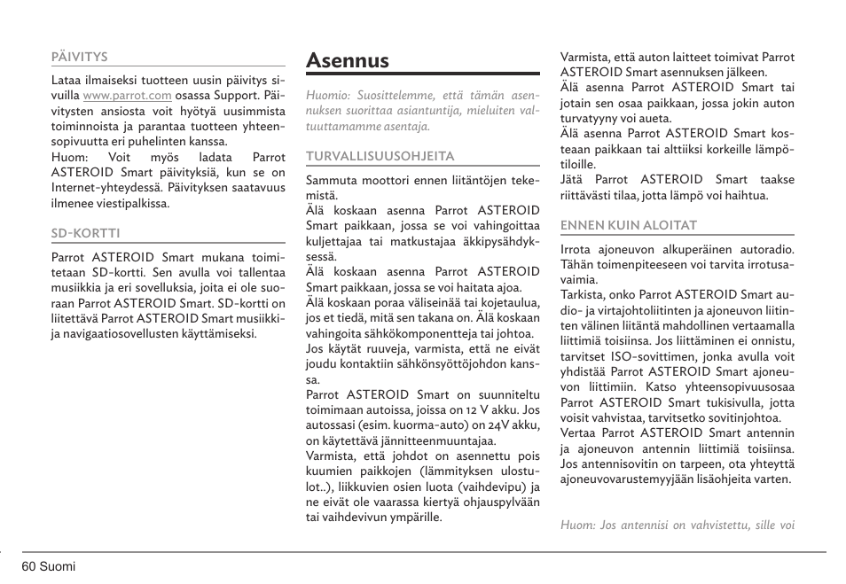 Asennus | Parrot ASTEROID Smart User Manual | Page 60 / 152