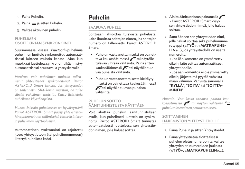 Puhelin | Parrot ASTEROID Smart User Manual | Page 65 / 152