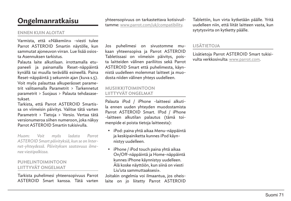 Ongelmanratkaisu | Parrot ASTEROID Smart User Manual | Page 71 / 152