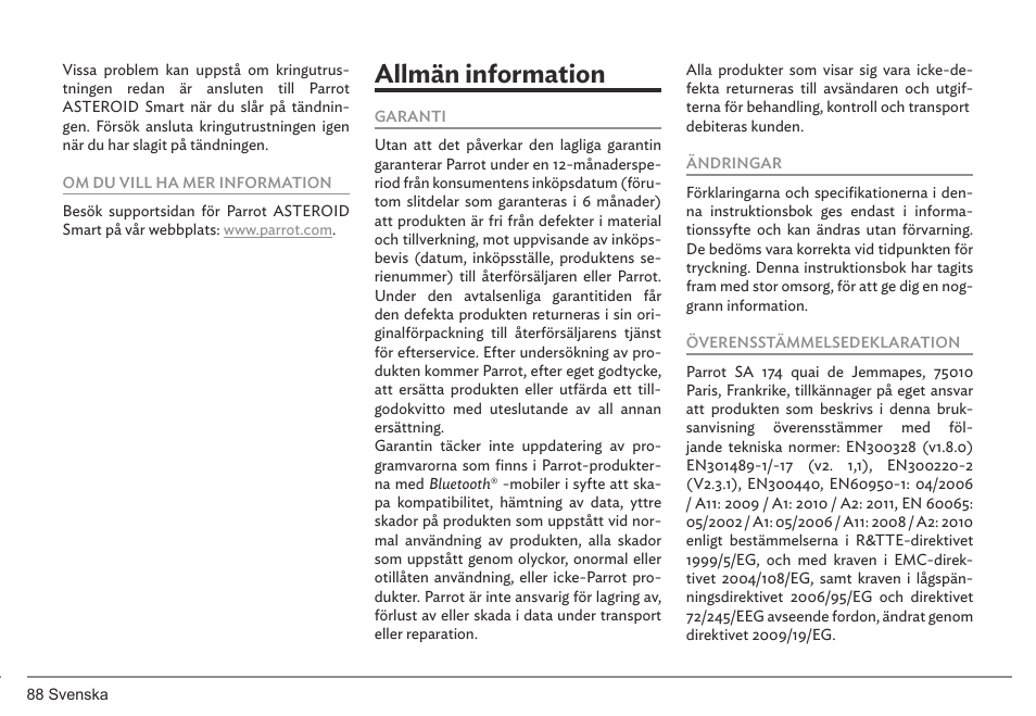 Allmän information | Parrot ASTEROID Smart User Manual | Page 88 / 152